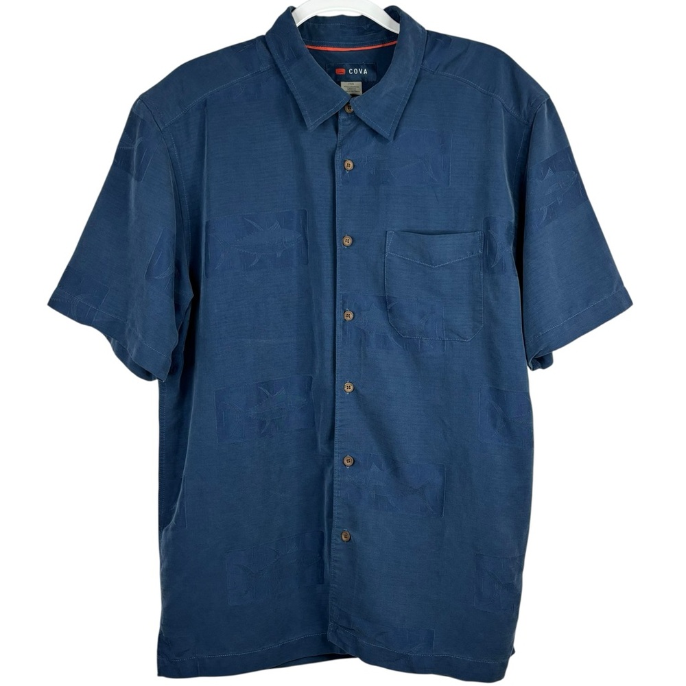 Cova Navy Blue Tuna Fish Patterned Wooden Button Down Hawaiian Style Shirt L